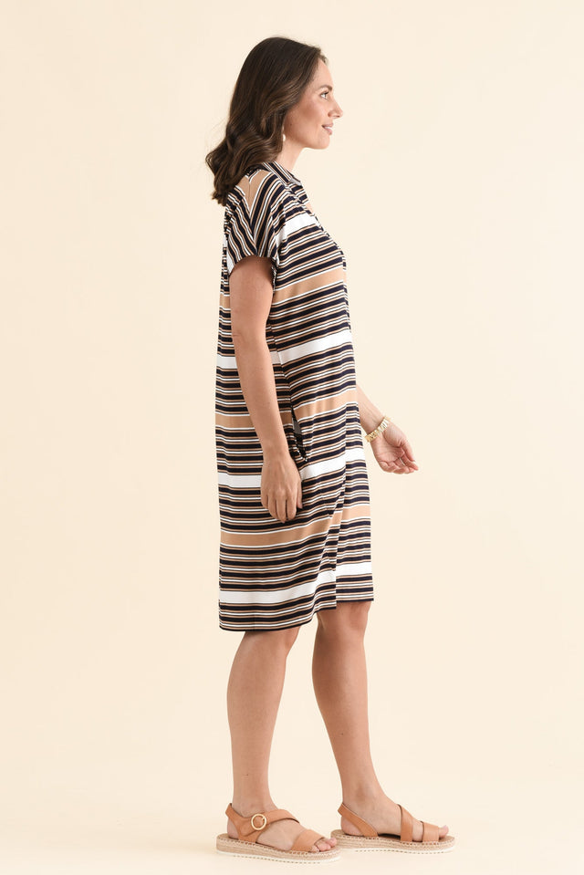 Naomi Tan Stripe Bamboo Polo Dress,Side,Brunette model,alt text|model:MJ image 3
