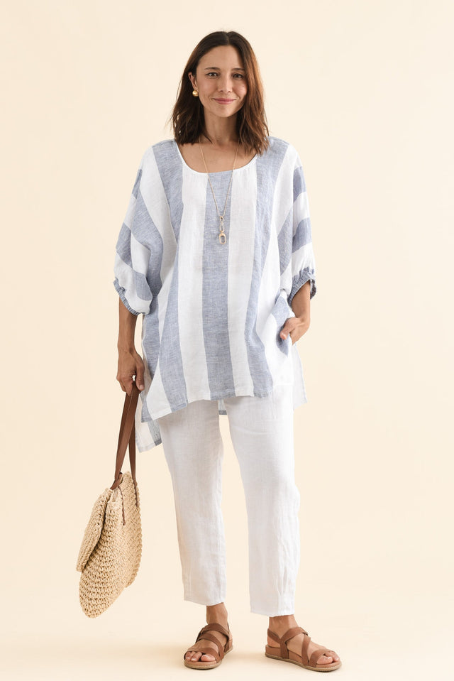 Nassau Steel Stripe Linen Top,Full Body,Brunette model,alt text|model:Cara image 2