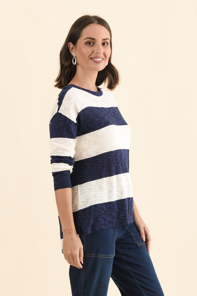 Natasha Dark Navy Stripe Knit Top,Brunette model,alt text|model:MJ image 5