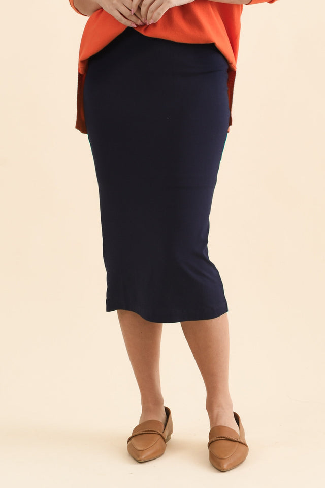 Navy Bamboo Maxi Tube Skirt,Front,Brunette model,alt text|model:MJ