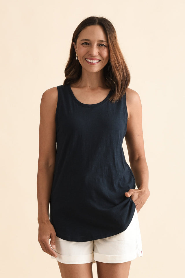 Navy Cotton Scoop Tank,Front,Brunette model,alt text|model:Cara