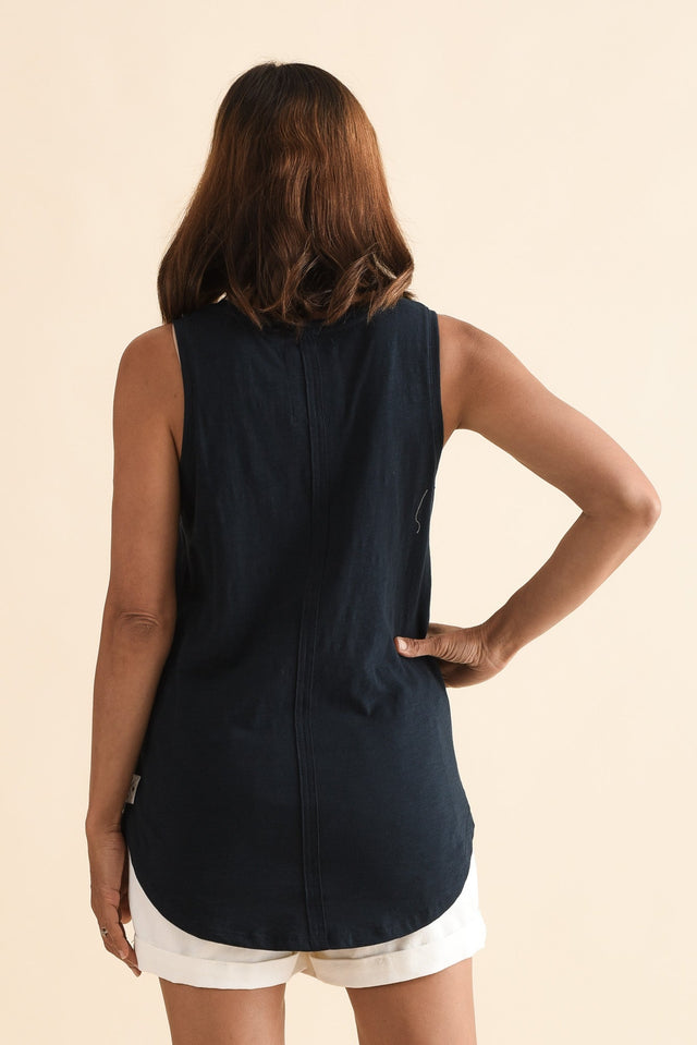 Navy Cotton Scoop Tank,Back,Brunette model,alt text|model:Cara image 5