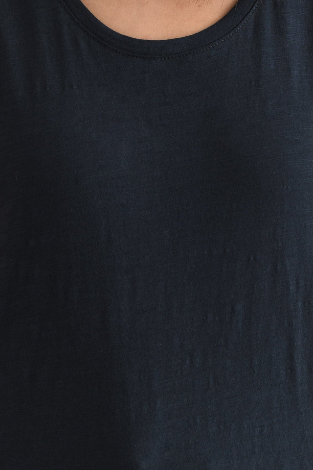 Navy Cotton Scoop Tank,Detail,Brunette model,alt text|model:Cara image 7