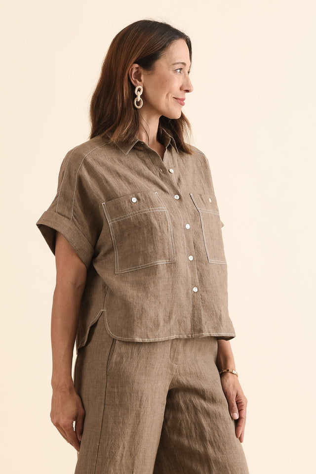 Neesha Mocha Linen Shirt,Side,Brunette model,alt text|model:Cara image 3