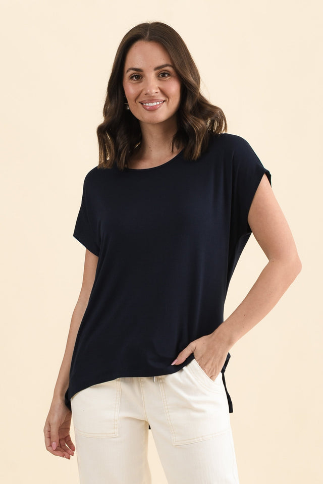 Newton Navy Drape Tee,Front,Brunette model,alt text|model:MJ image 1