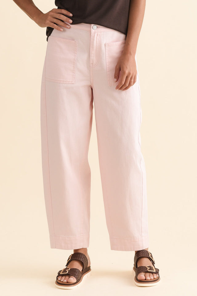 Nina Pink Cotton Barrel Pants,Front,Brunette model,alt text|model:Brontie