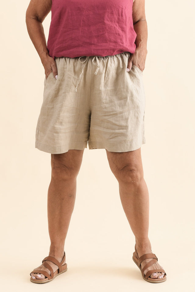 Nirah Beige Linen Pocket Shorts,Front,Brunette model,alt text|model:Pilita image 9