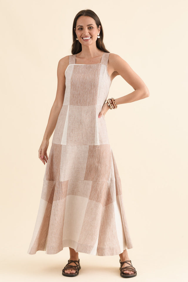 Nixie Beige Check Linen Dress,Full Body,Brunette model,alt text|model:MJ image 2
