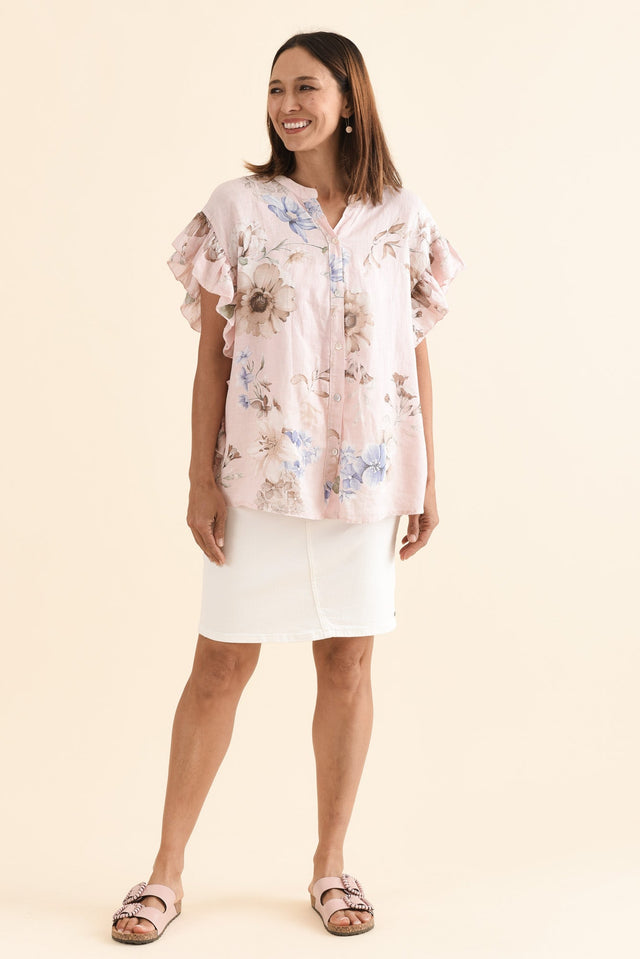 Noella Pink Floral Linen Ruffle Top,Full Body,Brunette model,alt text|model:Cara image 6