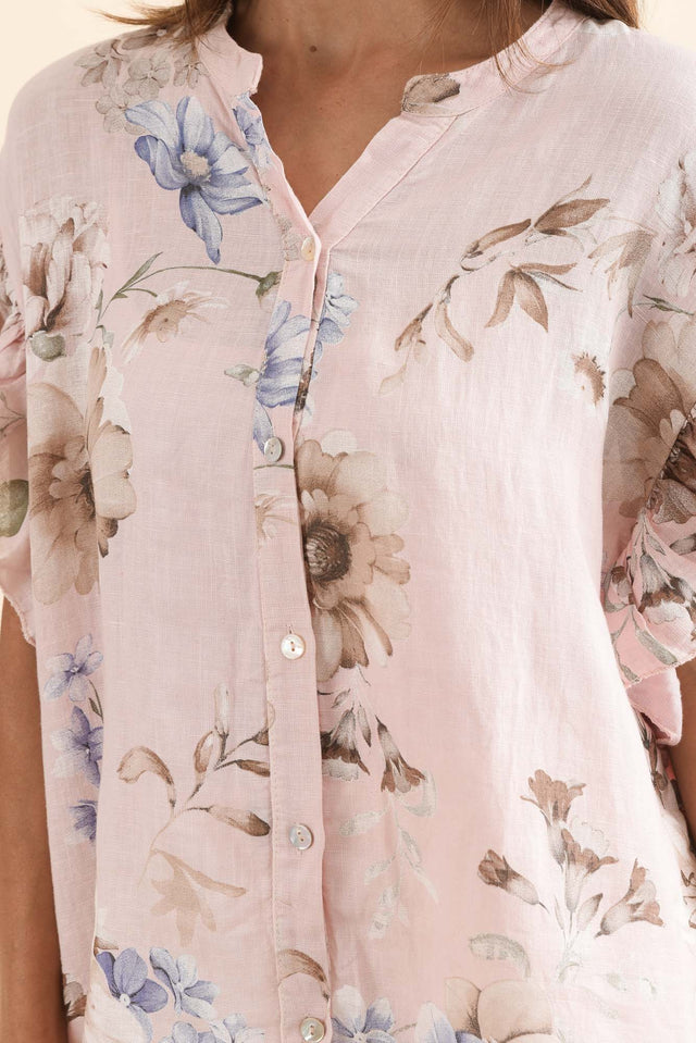 Noella Pink Floral Linen Ruffle Top,Detail,Brunette model,alt text|model:Cara image 5