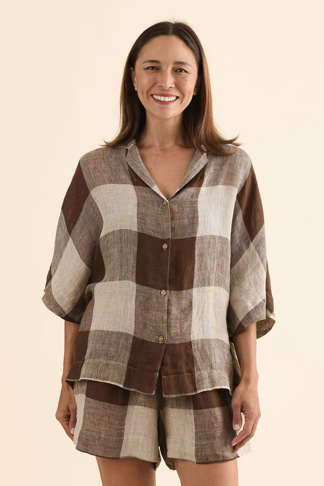 Noemi Chocolate Check Linen Shirt,Front,Brunette model,alt text|model:Cara image 1