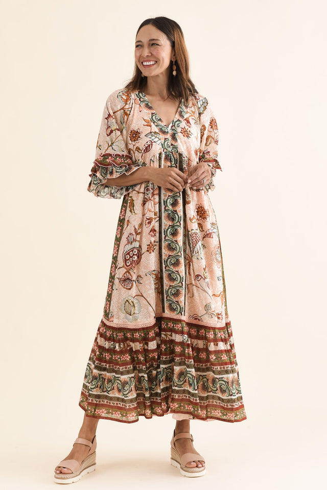 Nolia Beige Floral Cotton Ruffle Dress,Full Body,Brunette model,alt text|model:Cara image 2
