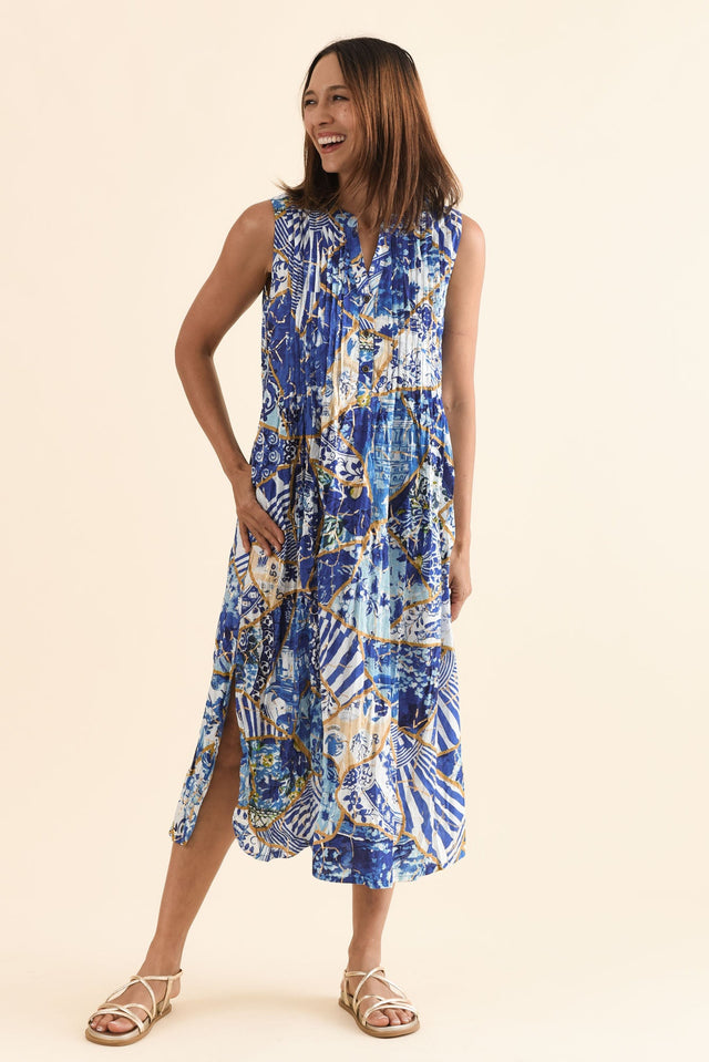 Nome Blue Ocean Cotton Sleeveless Dress,Full Body,Brunette model,alt text|model:Cara