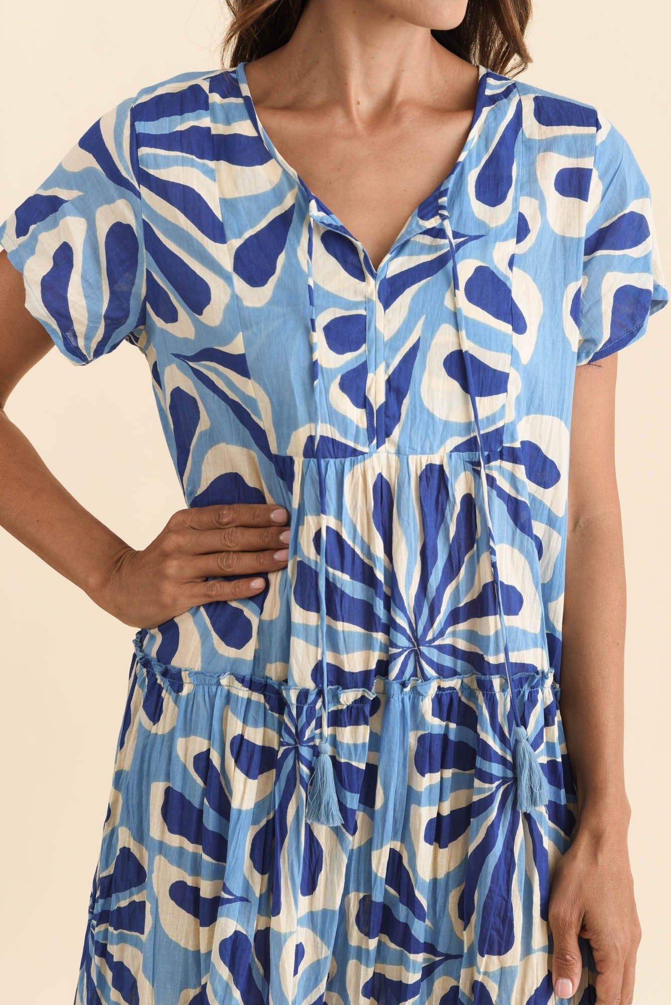 Nona Blue Daisy Crinkle Cotton Maxi Dress