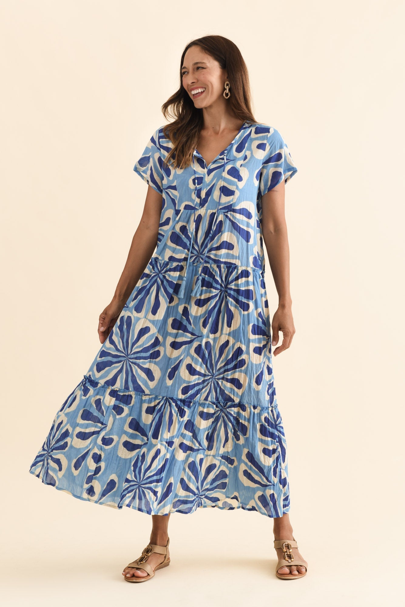 Nona Blue Daisy Crinkle Cotton Maxi Dress