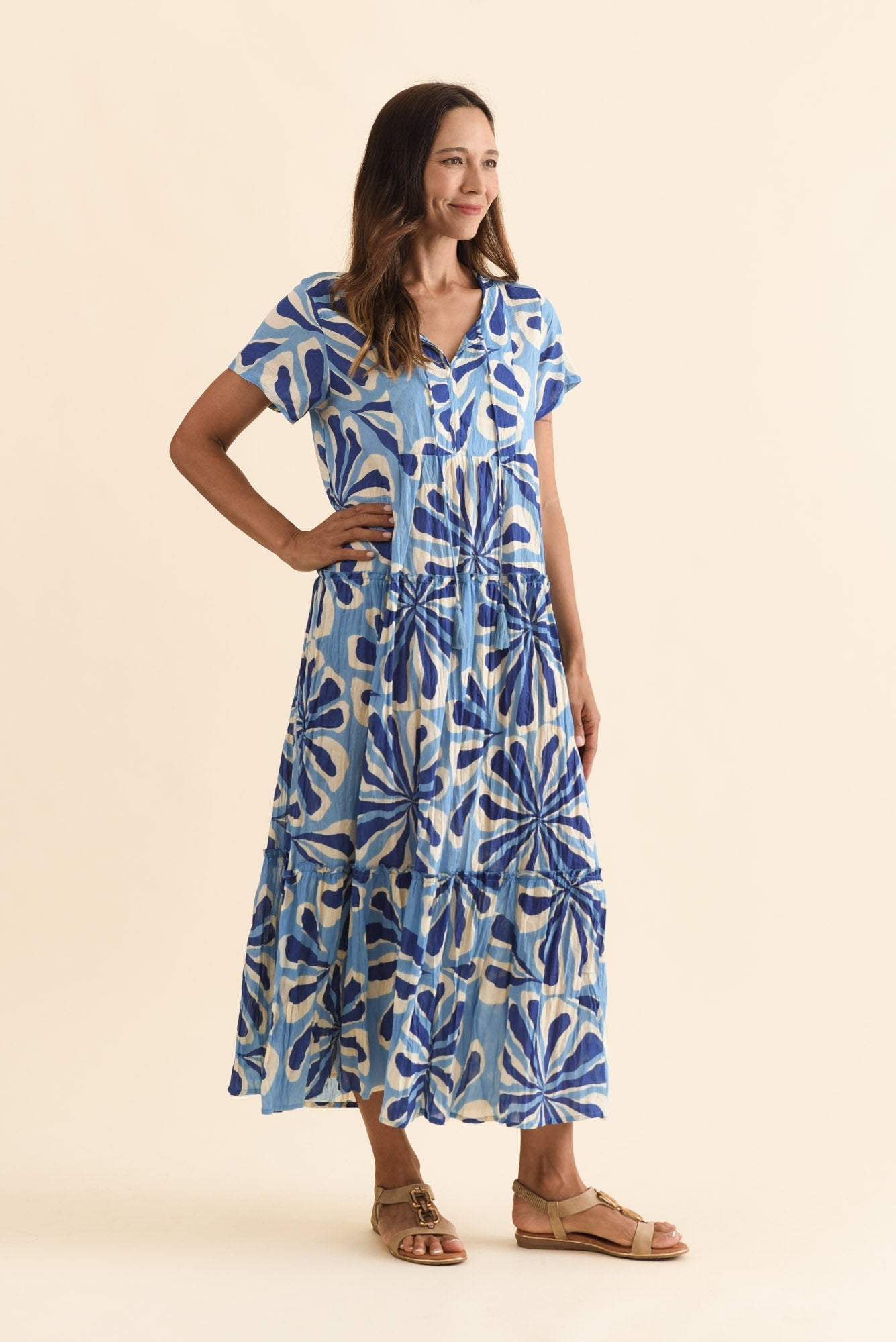 Nona Blue Daisy Crinkle Cotton Maxi Dress