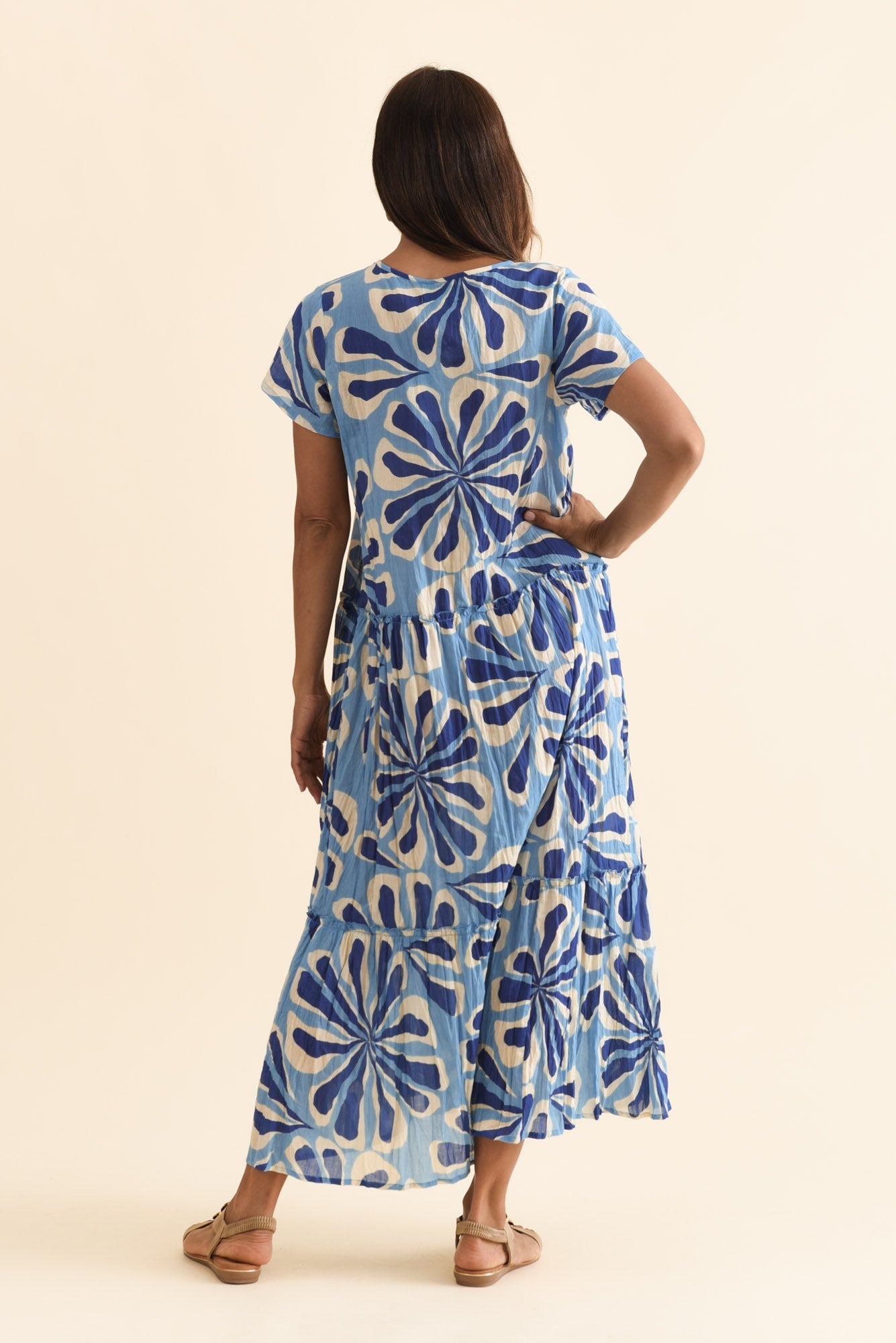 Nona Blue Daisy Crinkle Cotton Maxi Dress
