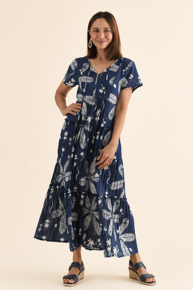 Nona Navy Flower Crinkle Cotton Maxi Dress
