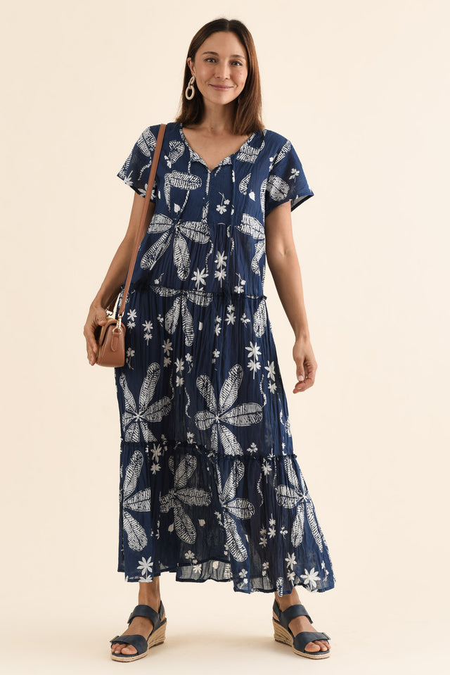 Nona Navy Flower Crinkle Cotton Maxi Dress