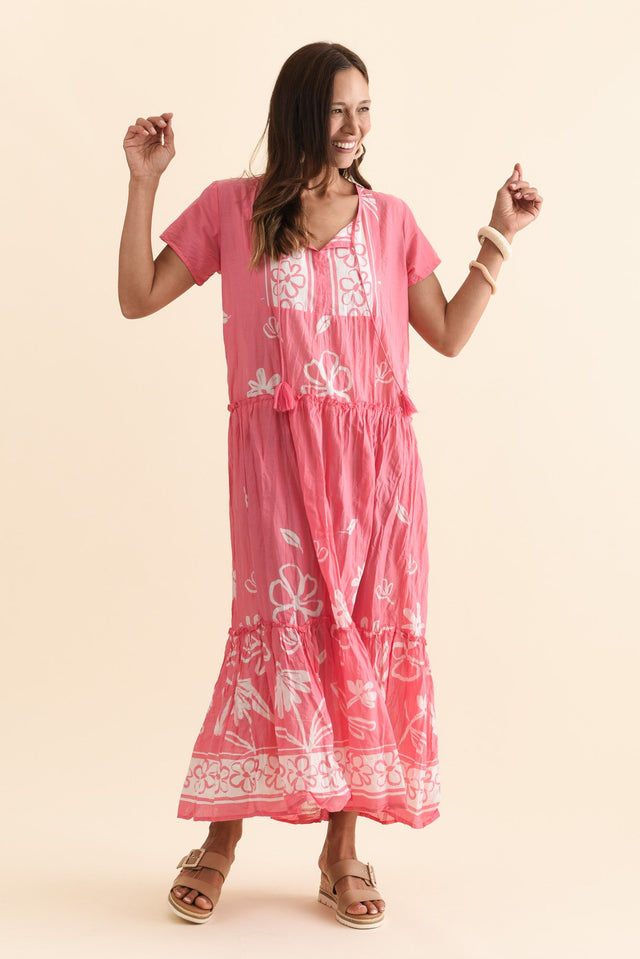 Nona Pink Flower Crinkle Cotton Maxi Dress,Brunette model,alt text|model:Cara image 6