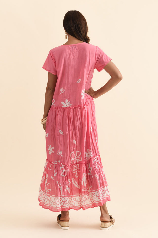 Nona Pink Flower Crinkle Cotton Maxi Dress,Brunette model,alt text|model:Cara image 4