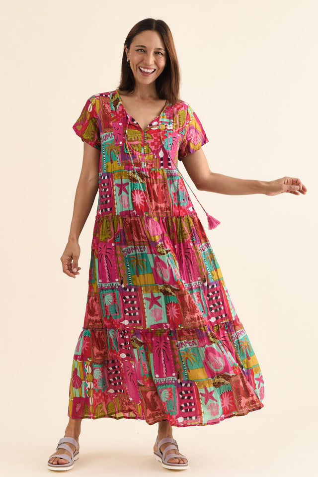 Nona Pink Tile Crinkle Cotton Maxi Dress,Full Body,Brunette model,alt text|model:Cara image 6