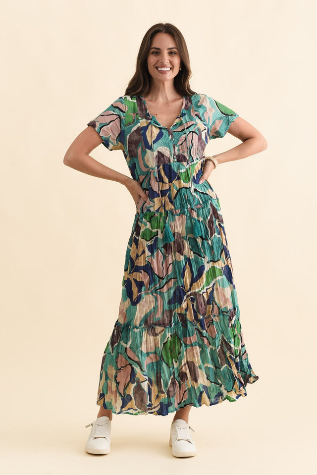 Nona Teal Foliage Crinkle Cotton Maxi Dress,Brunette model,alt text|model:MJ image 8