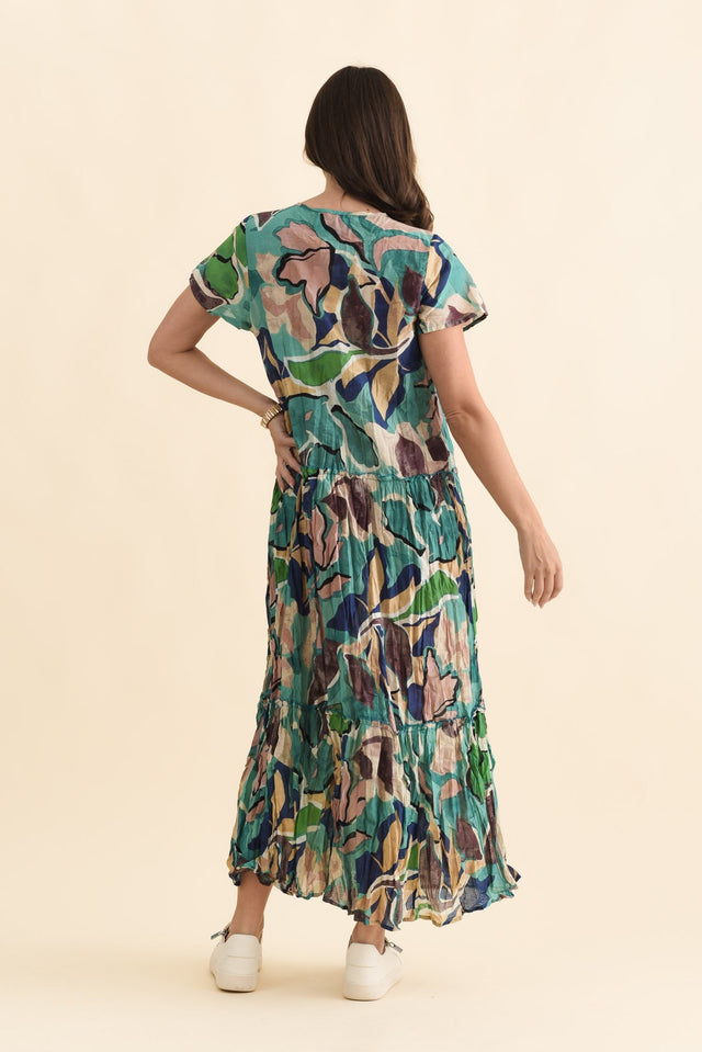 Nona Teal Foliage Crinkle Cotton Maxi Dress,Brunette model,alt text|model:MJ image 6