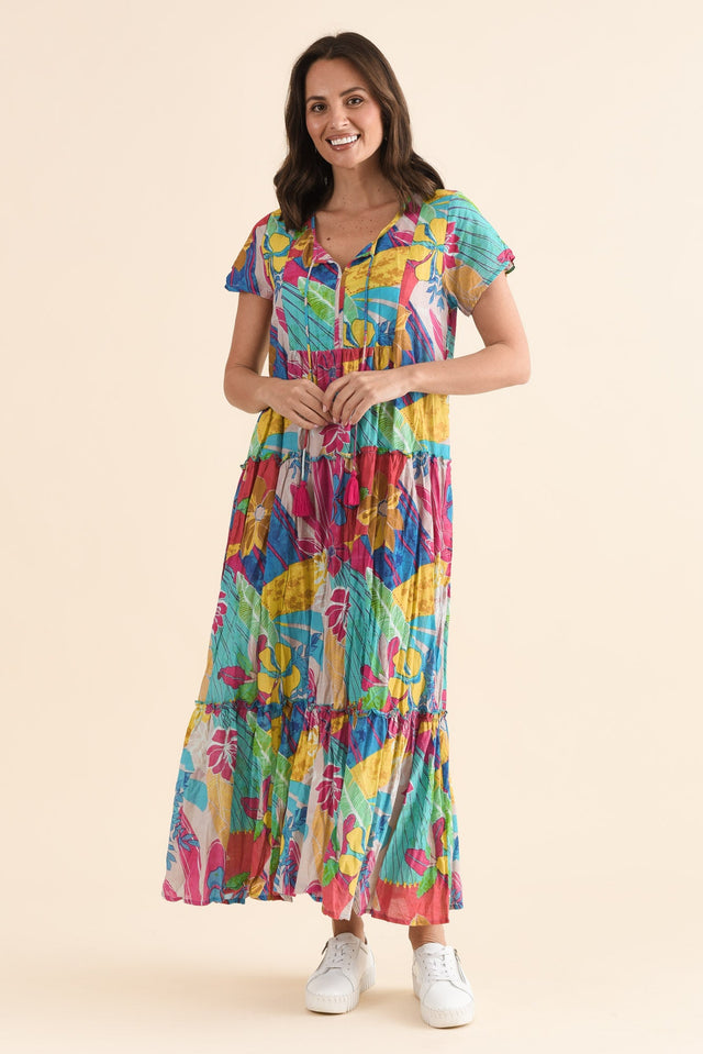 Nona Yellow Blossom Crinkle Cotton Maxi Dress,Full Body,Brunette model,alt text|model:MJ image 7
