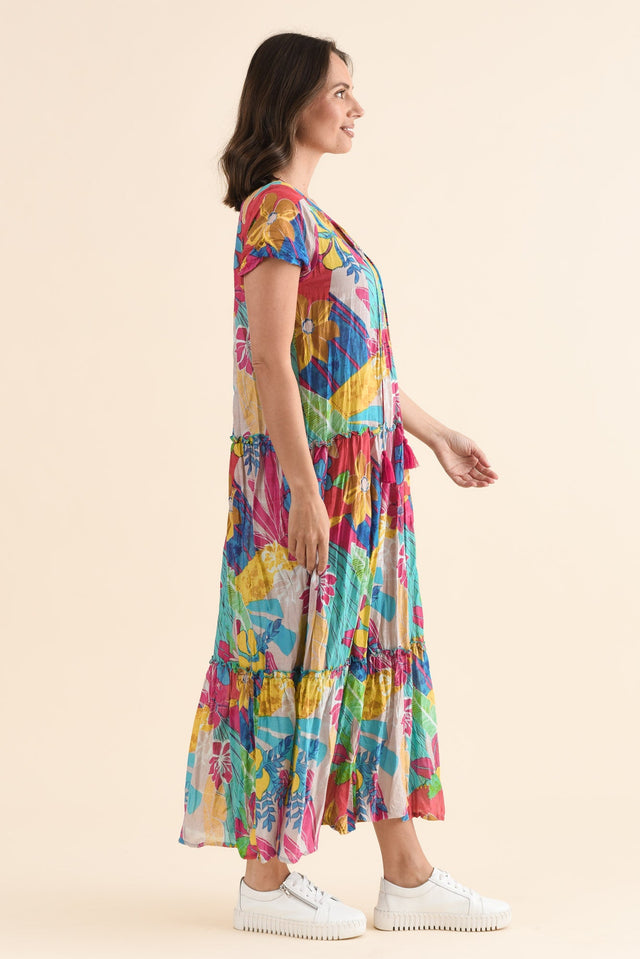 Nona Yellow Blossom Crinkle Cotton Maxi Dress,Side,Brunette model,alt text|model:MJ image 4