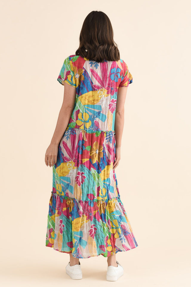 Nona Yellow Blossom Crinkle Cotton Maxi Dress,Back,Brunette model,alt text|model:MJ image 5