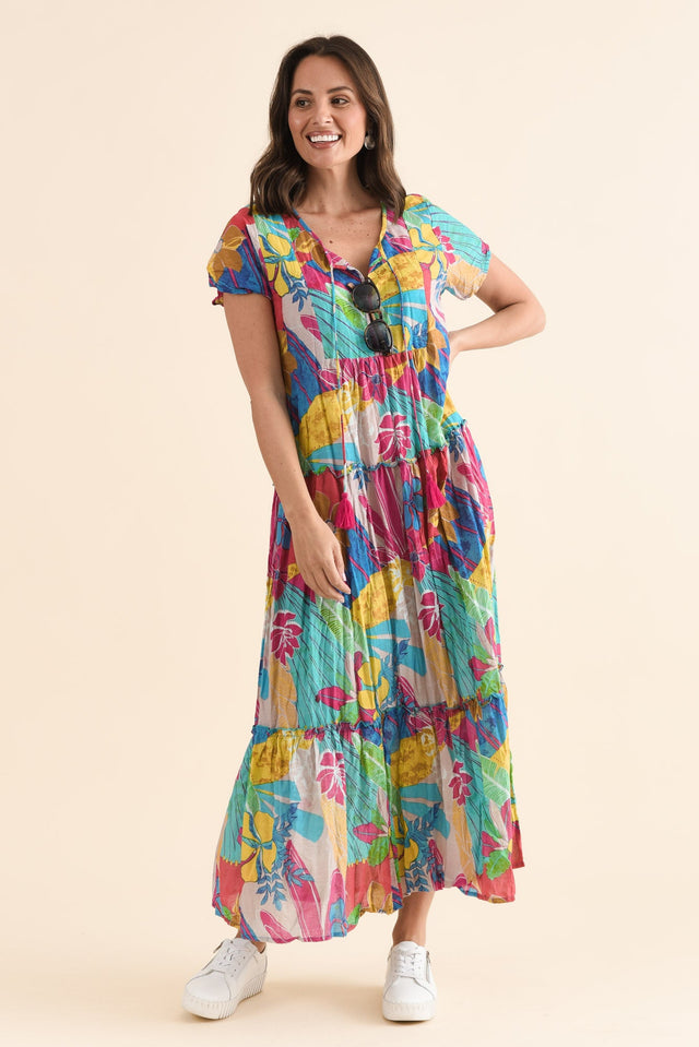Nona Yellow Blossom Crinkle Cotton Maxi Dress,Front,Brunette model,alt text|model:MJ image 1