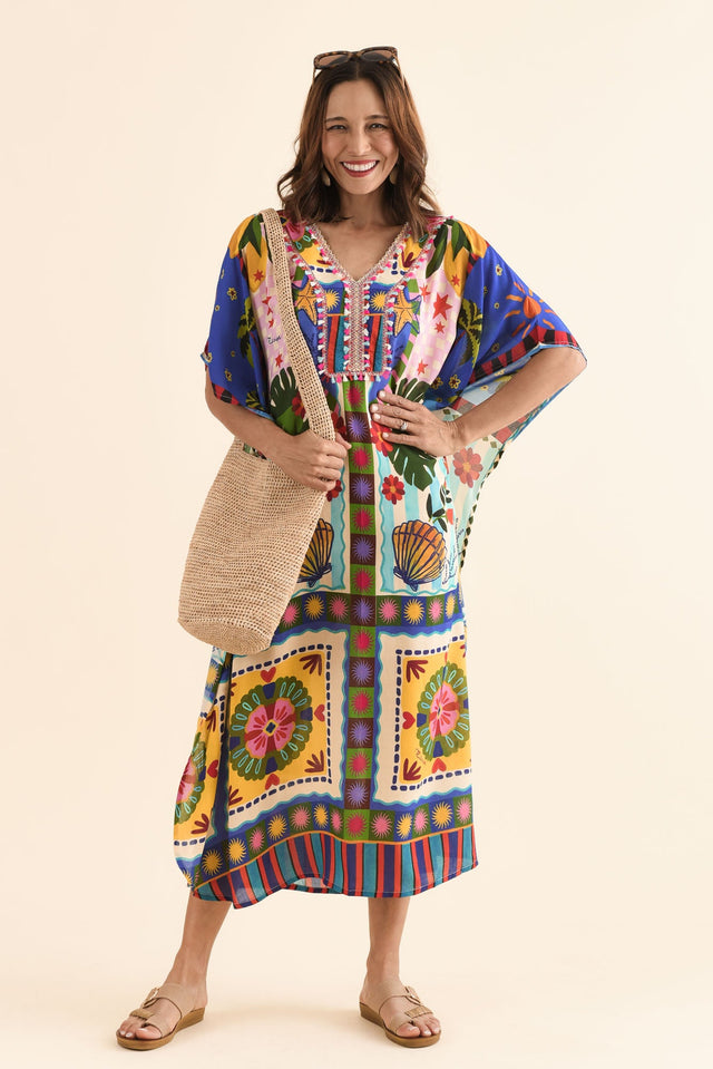 Normie Blue Seaside Kaftan,Front,Brunette model,alt text|model:Cara image 1