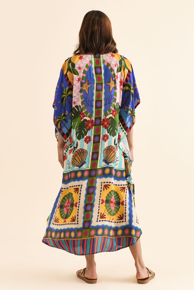Normie Blue Seaside Kaftan,Back,Brunette model,alt text|model:Cara image 4