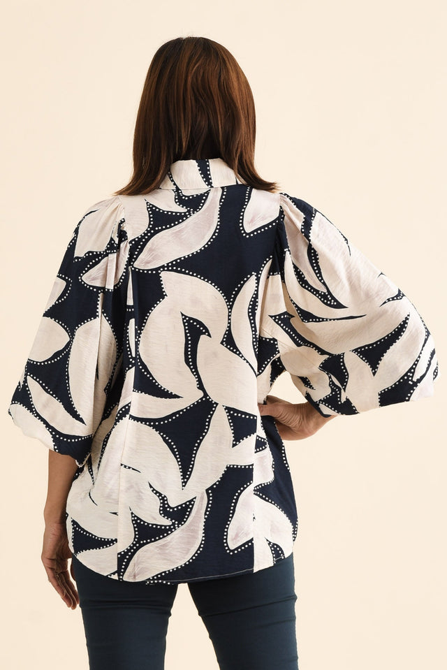 Nova Navy Floral Collared Shirt,brunette model,Back of Outfit,alt text|model:Cara image 4