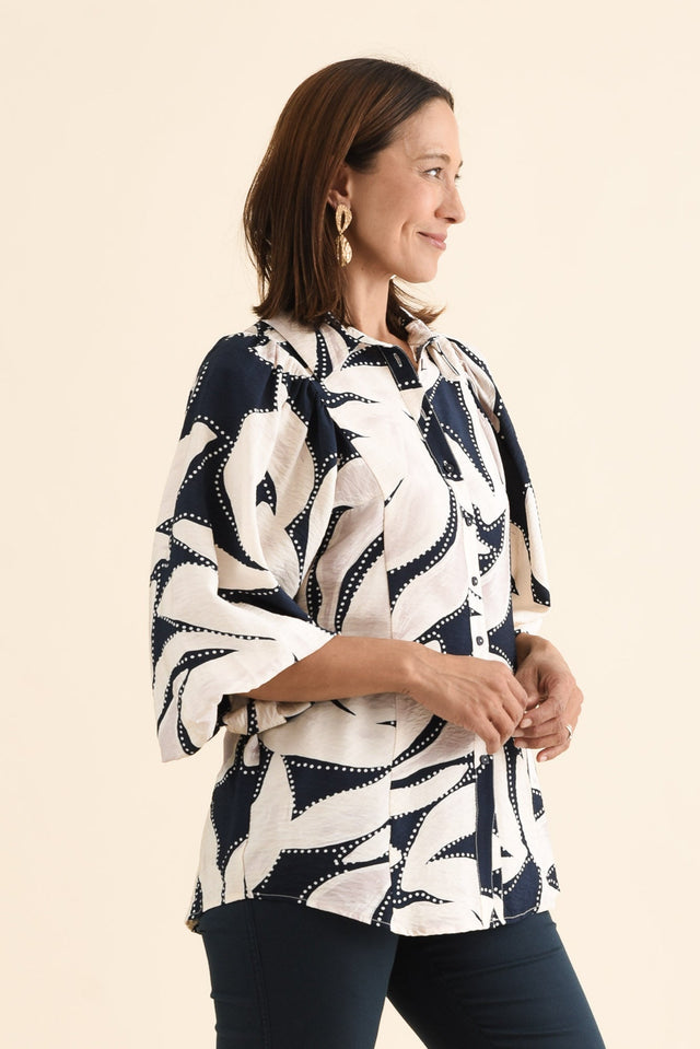 Nova Navy Floral Collared Shirt,brunette model,Side of Outfit,alt text|model:Cara image 3