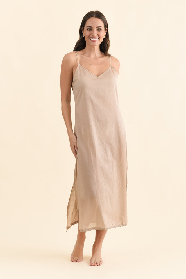 Nude Cotton Maxi Slip Dress,Brunette model,alt text|model:MJ