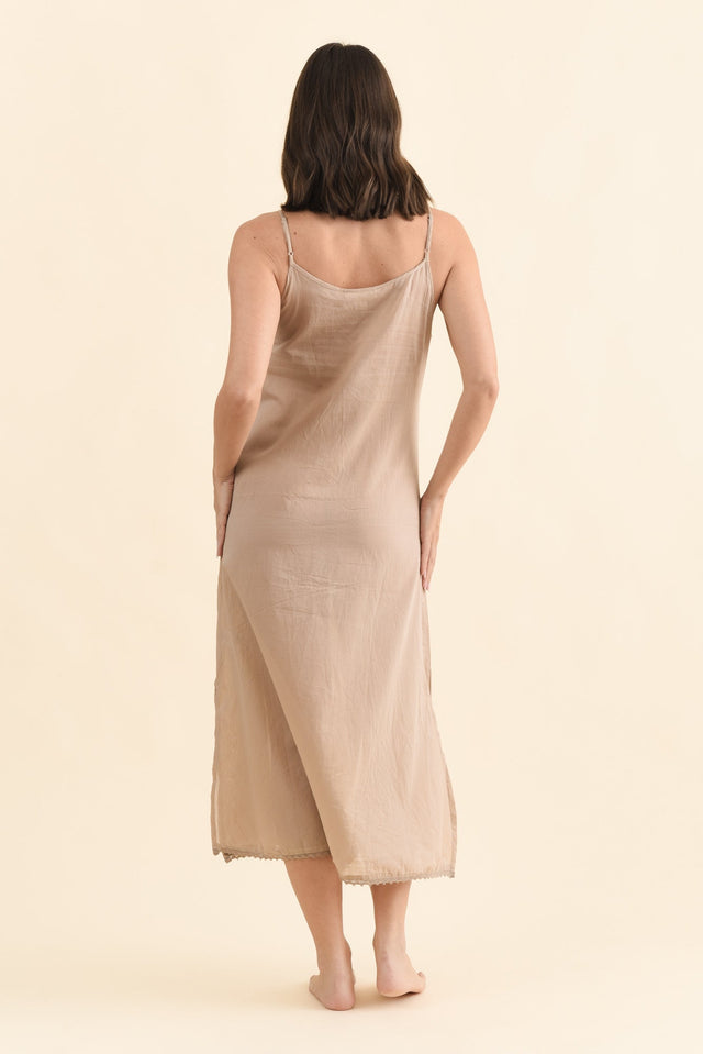 Nude Cotton Maxi Slip Dress,Brunette model,alt text|model:MJ image 5