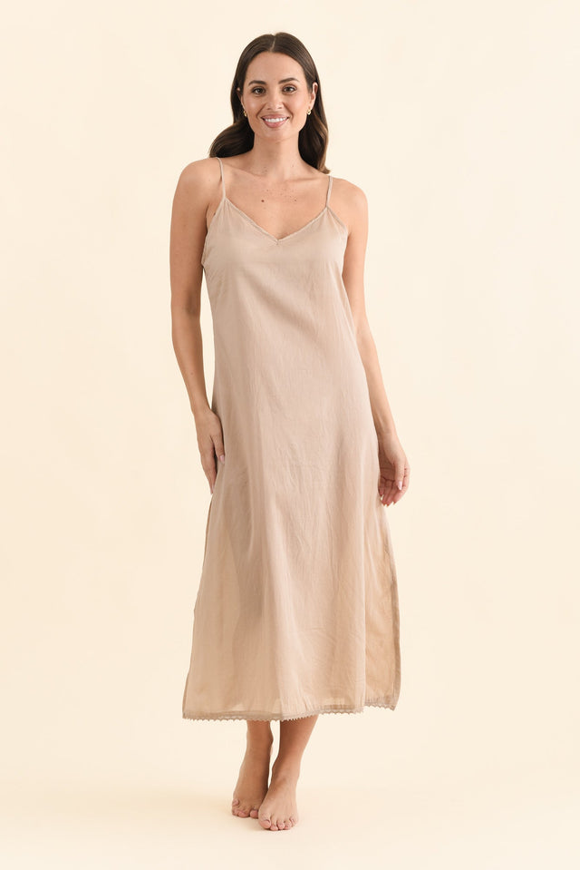 Nude Cotton Maxi Slip Dress,Brunette model,alt text|model:MJ image 7