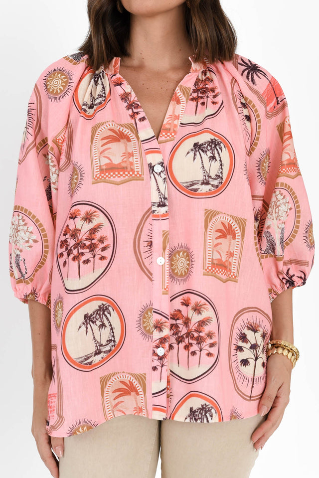 Nyssa Pink Tropical Linen Blend Shirt,Brunette model,alt text|model:MJ image 6