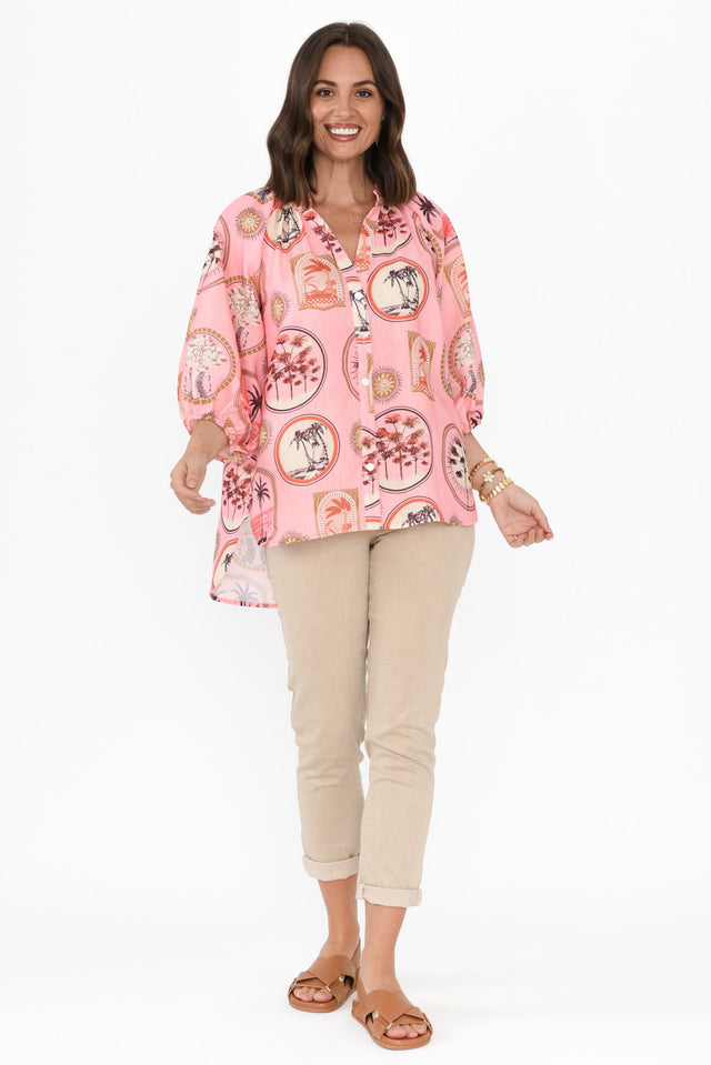 Nyssa Pink Tropical Linen Blend Shirt,Brunette model,alt text|model:MJ image 3