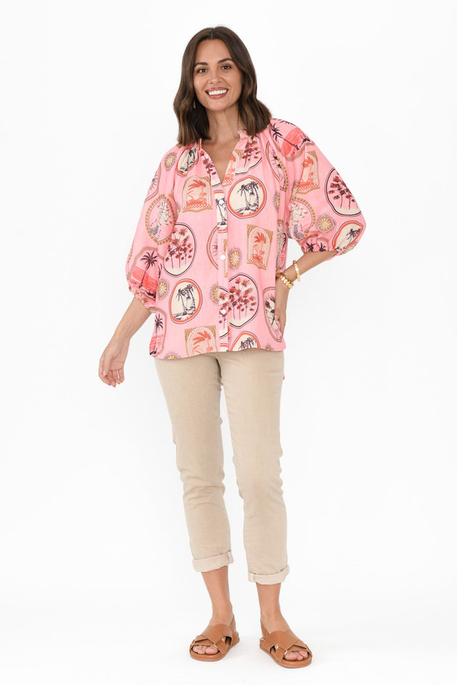 Nyssa Pink Tropical Linen Blend Shirt,Brunette model,alt text|model:MJ image 7