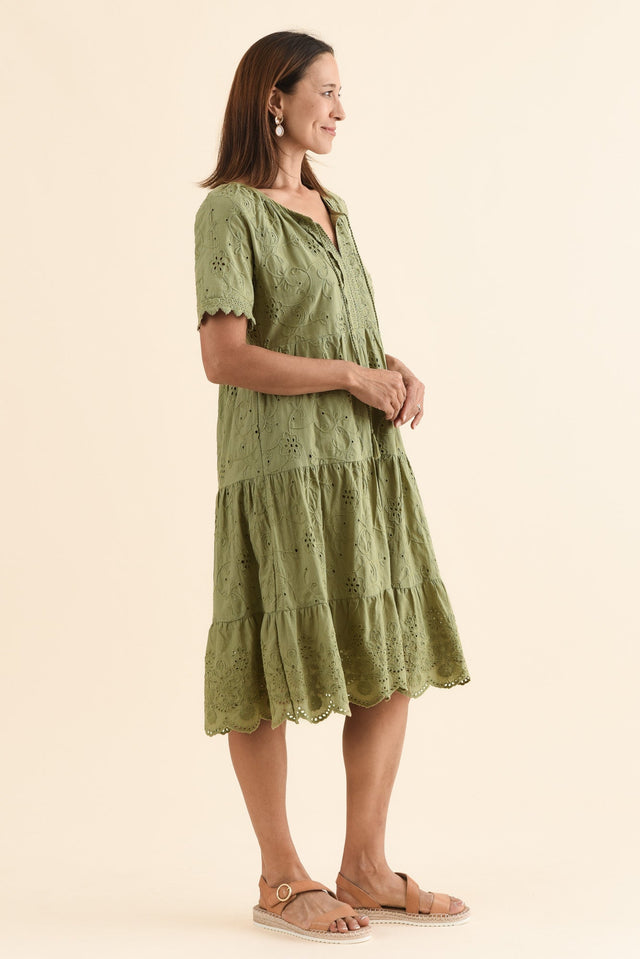 Oak Khaki Cotton Embroidered Dress,Side,Brunette model,alt text|model:Cara image 3