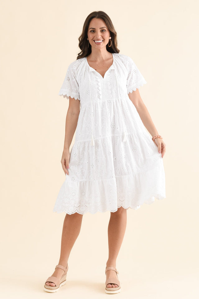Oak White Cotton Embroidered Dress,Full Body,Brunette model,alt text|model:MJ