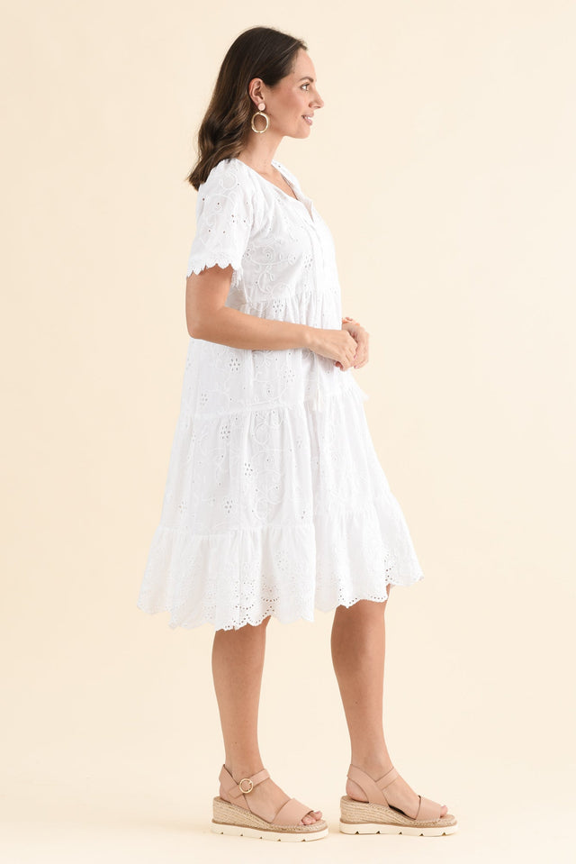 Oak White Cotton Embroidered Dress,Side,Brunette model,alt text|model:MJ image 3