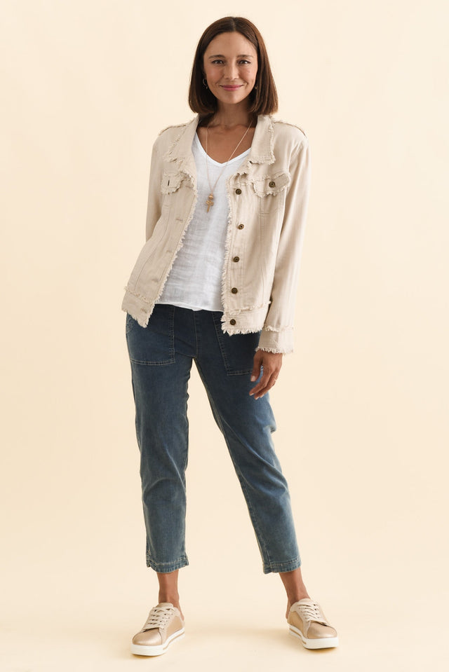 Oakley Beige Linen Frayed Jacket,Brunette model,alt text|model:Cara image 3