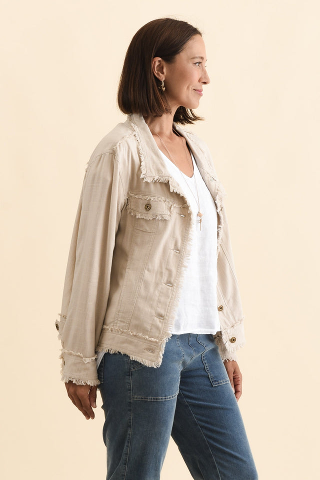 Oakley Beige Linen Frayed Jacket,Brunette model,alt text|model:Cara image 4