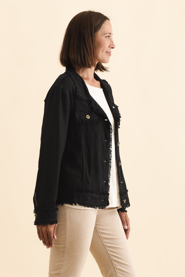 Oakley Black Linen Frayed Jacket,Brunette model,alt text|model:Cara image 4