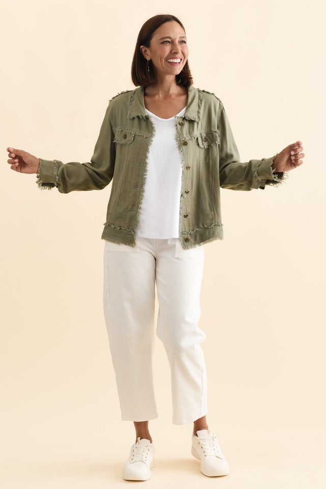 Oakley Khaki Linen Frayed Jacket,Brunette model,alt text|model:Cara image 7