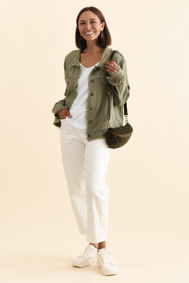 Oakley Khaki Linen Frayed Jacket,Brunette model,alt text|model:Cara image 3